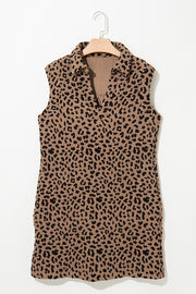 Leopard Johnny Collar Sleeveless Mini Dress