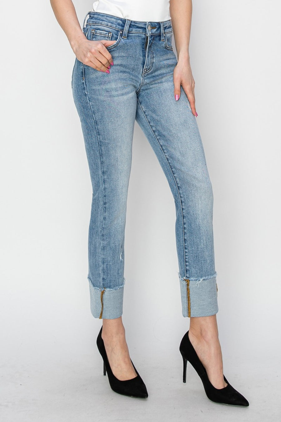 RISEN Full Size High Rise Cuffed Slim Straight Jeans