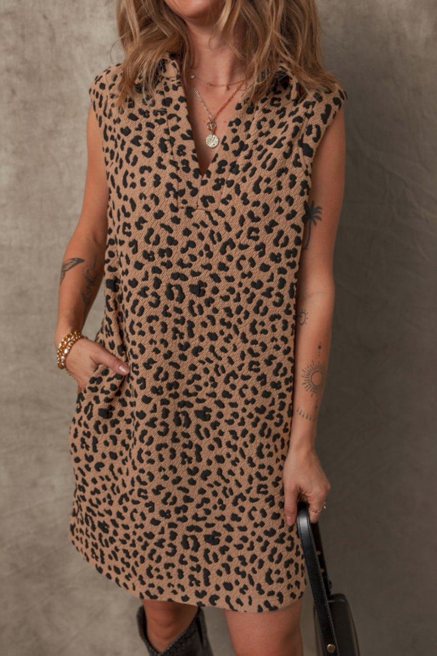 Leopard Johnny Collar Sleeveless Mini Dress