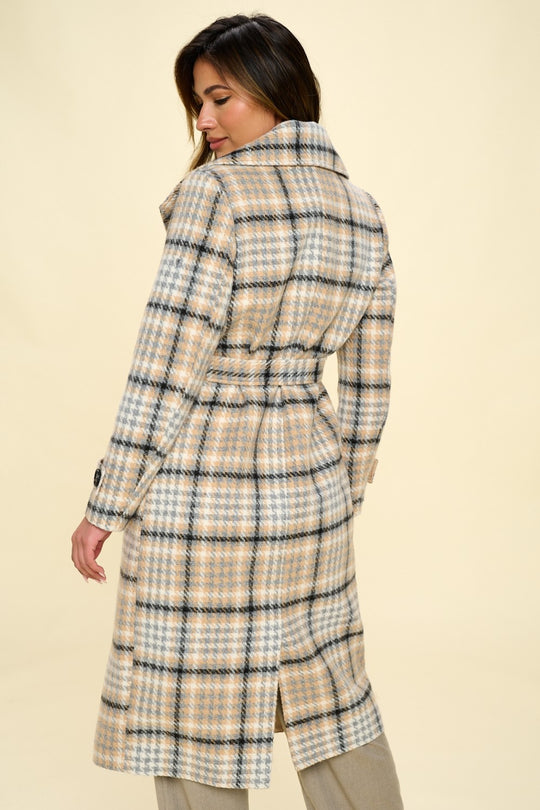 LaLa Double-Breasted Plaid Coat with Belt